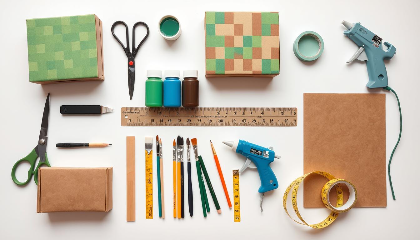 Materiały potrzebne do wykonania kostiumu Minecraft - karton, nożyczki, farby, taśma klejąca