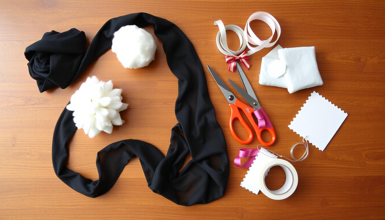 Materiały potrzebne do wykonania ogona kota z rajstop ułożone na stole