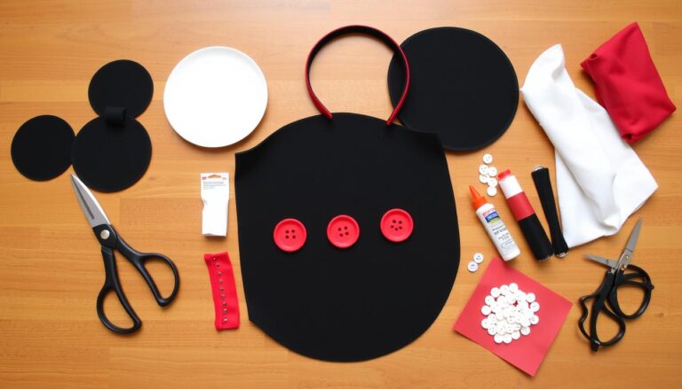 Materiały potrzebne do wykonania przebrania Myszki Miki rozłożone na stole