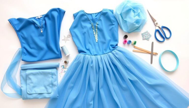 Materiały potrzebne do wykonania stroju Elsy - tkaniny w odcieniach niebieskiego, cekiny, brokat i inne akcesoria