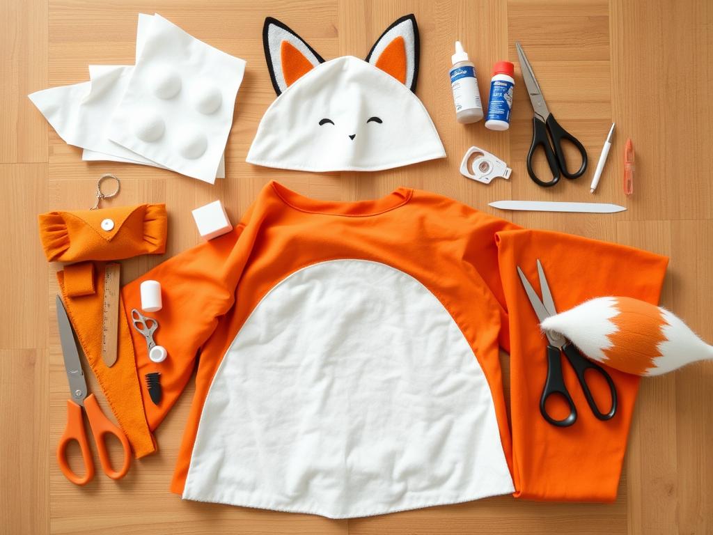 Materiały potrzebne do wykonania stroju liska dla dziecka ułożone na stole