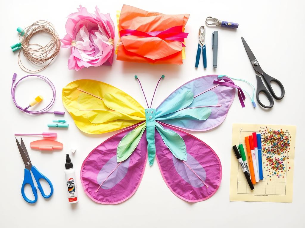 Materiały potrzebne do wykonania stroju motyla rozłożone na stole