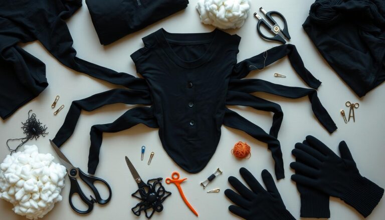 Materiały potrzebne do wykonania stroju pająka rozłożone na stole