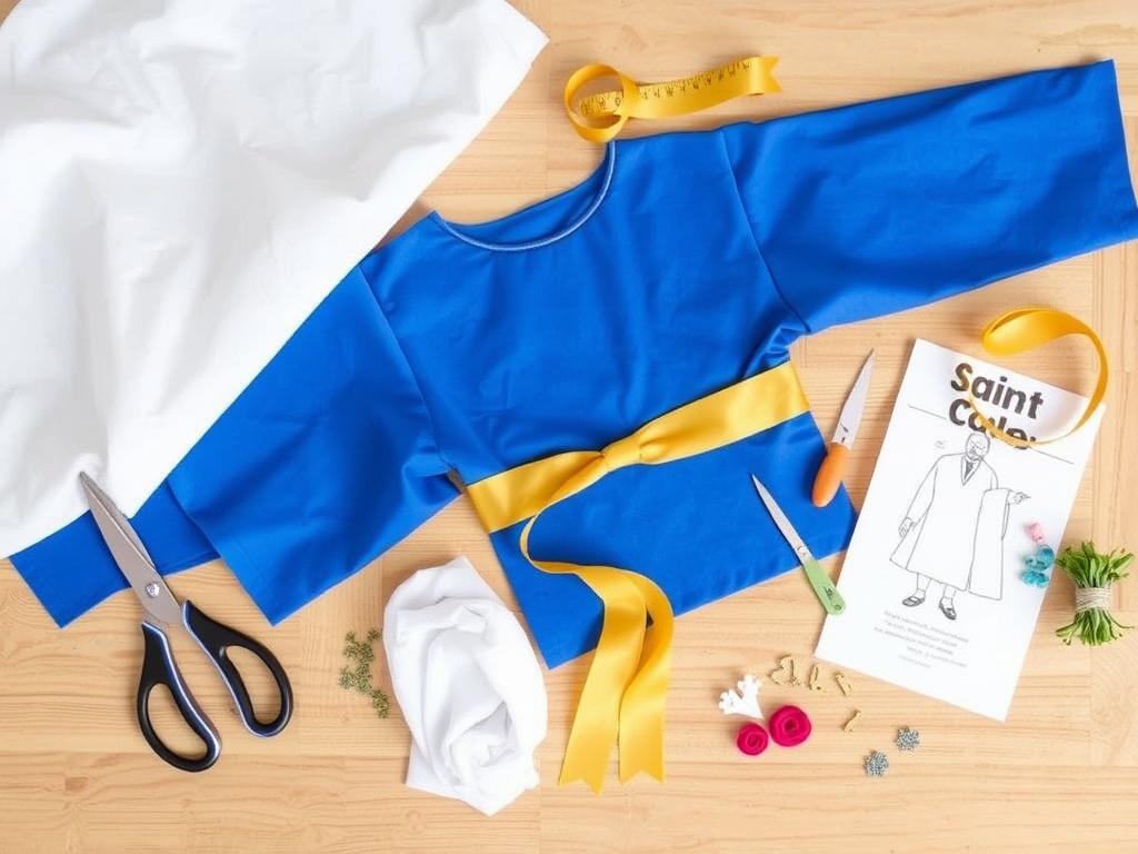 Materiały potrzebne do wykonania stroju świętej rozłożone na stole