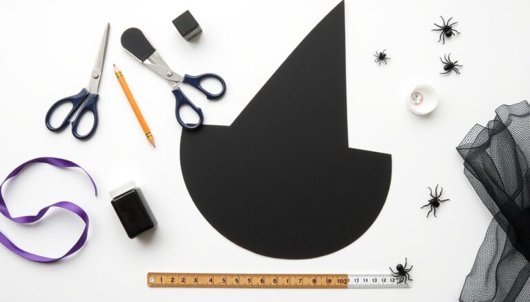 Materiały potrzebne do zrobienia kapelusza czarownicy, w tym czarny karton, nożyczki, klej i ozdoby