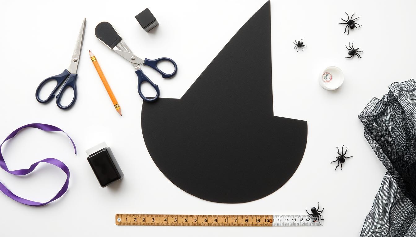 Materiały potrzebne do zrobienia kapelusza czarownicy, w tym czarny karton, nożyczki, klej i ozdoby
