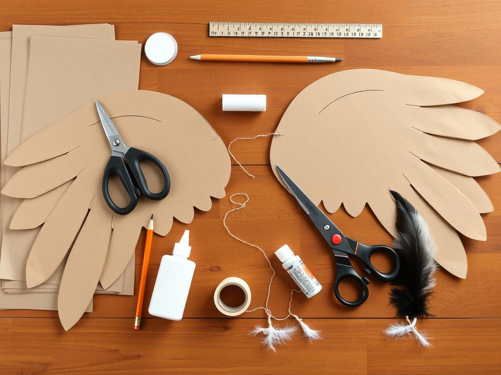Materiały potrzebne do zrobienia skrzydeł z kartonu ułożone na stole