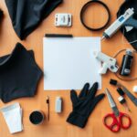 Materiały potrzebne do zrobienia stroju kota rozłożone na stole