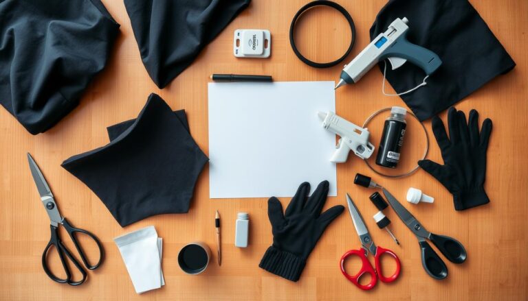 Materiały potrzebne do zrobienia stroju kota rozłożone na stole