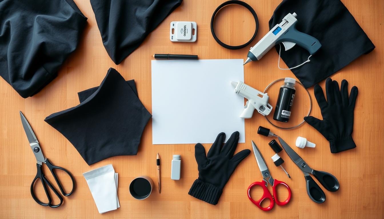 Materiały potrzebne do zrobienia stroju kota rozłożone na stole