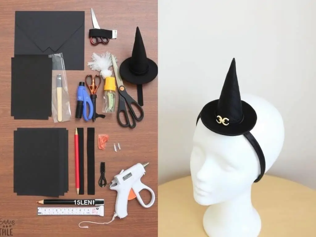 Mini kapelusz czarownicy na opasce - gotowy produkt i materiały potrzebne do jego wykonania