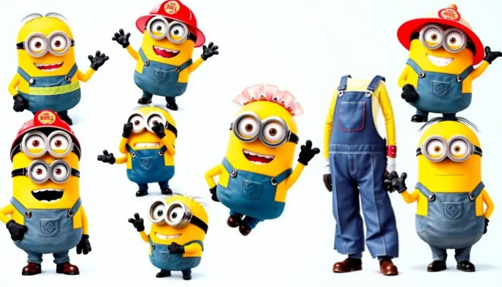 Minionki w różnych przebraniach i pozach, pokazujące ich różnorodność i zabawny charakter