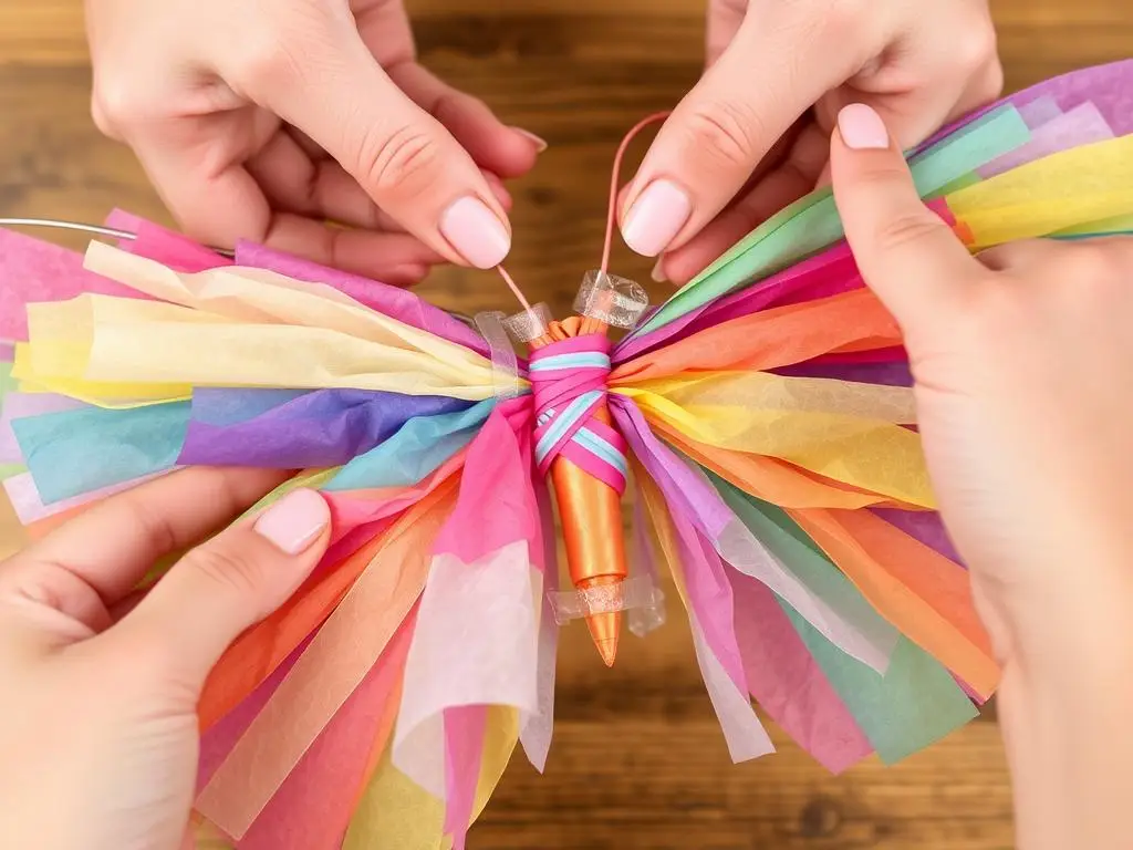 Montaż skrzydeł motyla - łączenie bibuły z drutem