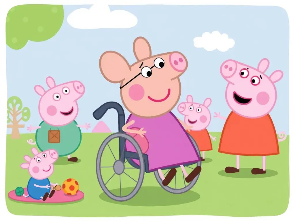 Myszka Mandy na wózku inwalidzkim - postać z Świnki Peppy