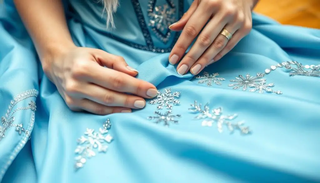 Osoba pracująca nad strojem Elsy - zbliżenie na detale i techniki szycia