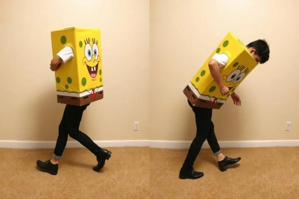 Osoba testująca mobilność w stroju SpongeBoba