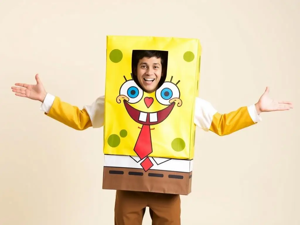 Osoba w gotowym stroju SpongeBoba pozująca radośnie