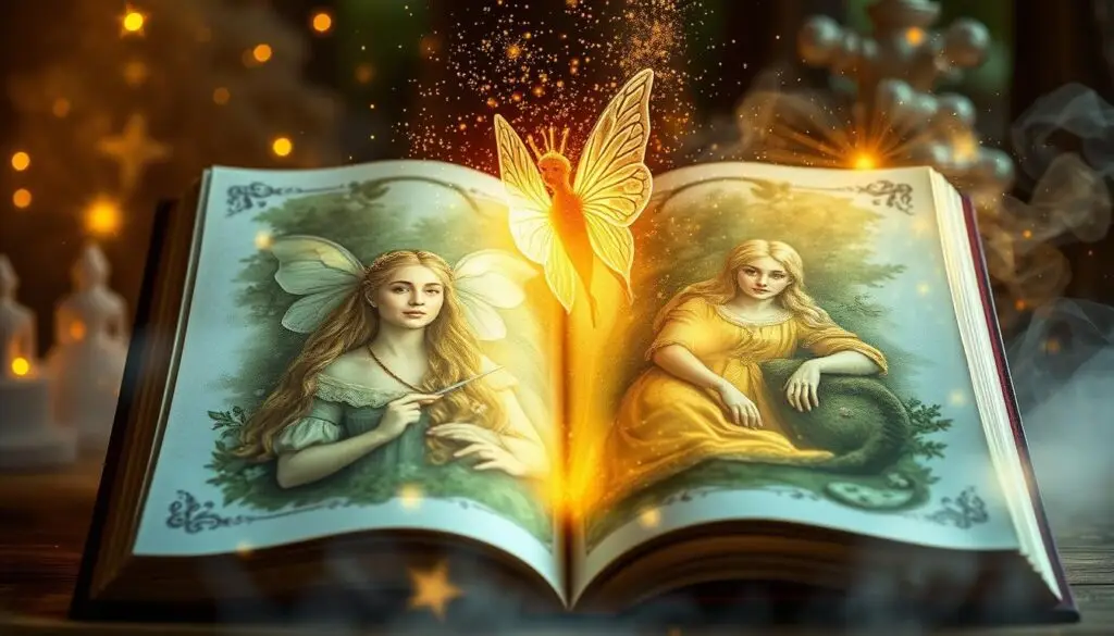 Otwarta książka z baśniami, z której wyłaniają się magiczne postacie, inspiracja dla baśniowych imion żeńskich