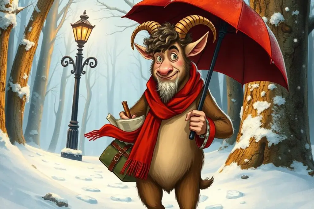 Pan Tumnus - faun z opowieści z narnii trzymający parasol w śnieżnym lesie