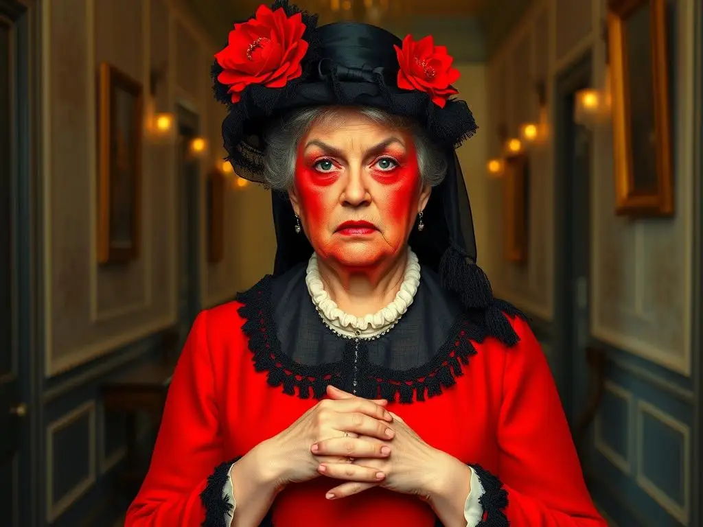 Pani Medlock z Tajemniczego ogrodu w czerwonej sukni i czarnym kapeluszu