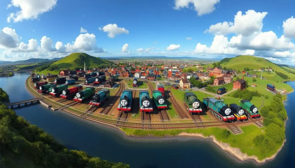Panorama wyspy Sodor z wszystkimi lokomotywami z tomek i przyjaciele imiona lokomotyw