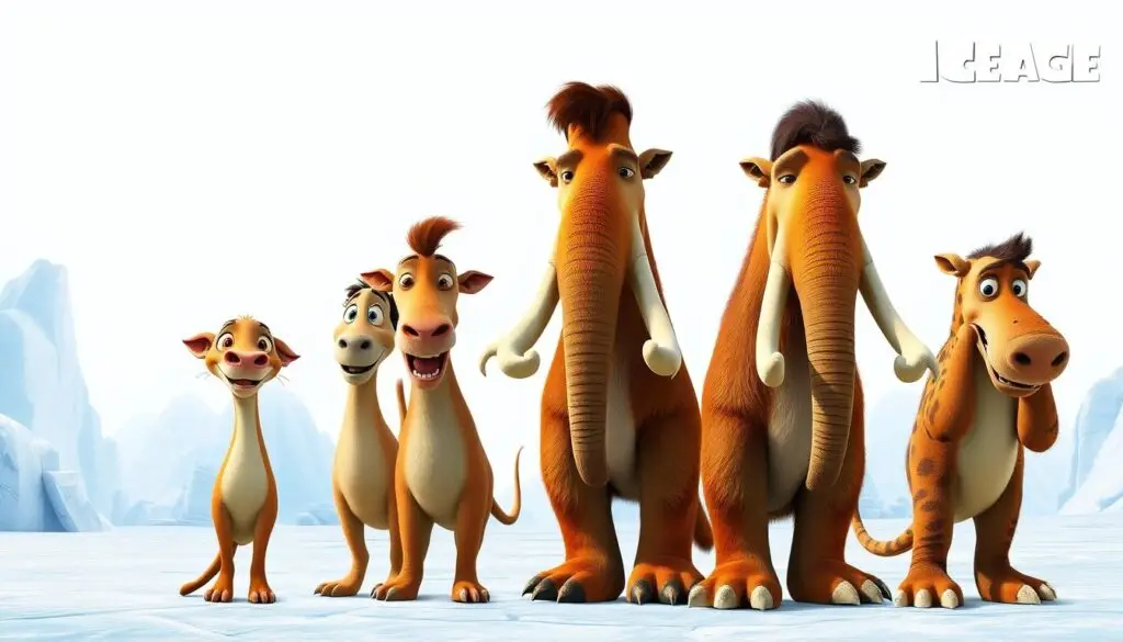 Plakaty wszystkich pięciu części serii Epoka Lodowcowa ułożone chronologicznie