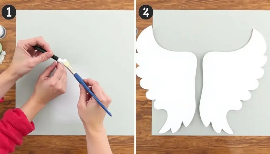 Proces malowania skrzydeł anioła z kartonu na biało
