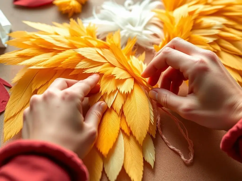 Proces mocowania piór do skrzydeł stroju kury Proces mocowania piór do skrzydeł stroju kury