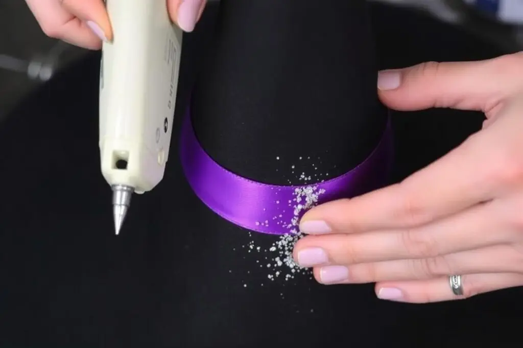 Proces ozdabiania kapelusza czarownicy brokatem i wstążkami