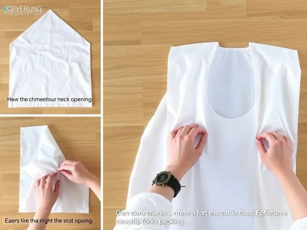 Proces składania materiału do wykonania prostej tuniki na strój świętego