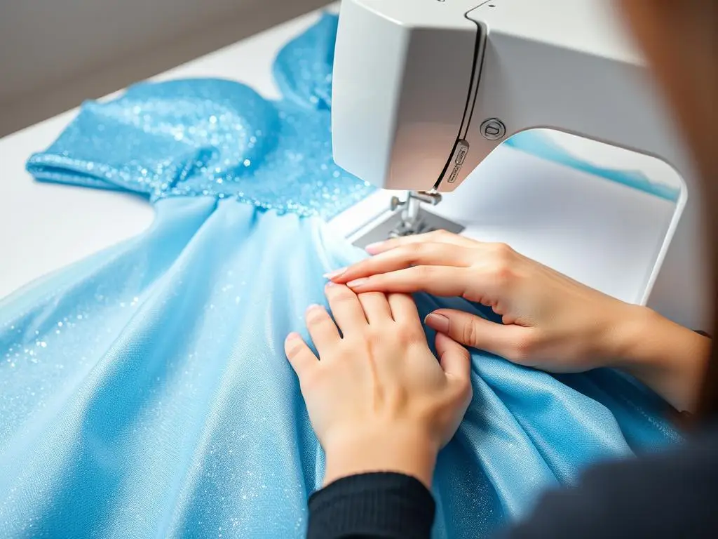 Proces szycia sukni Elsy - kobieta pracująca nad niebieskim materiałem na maszynie do szycia