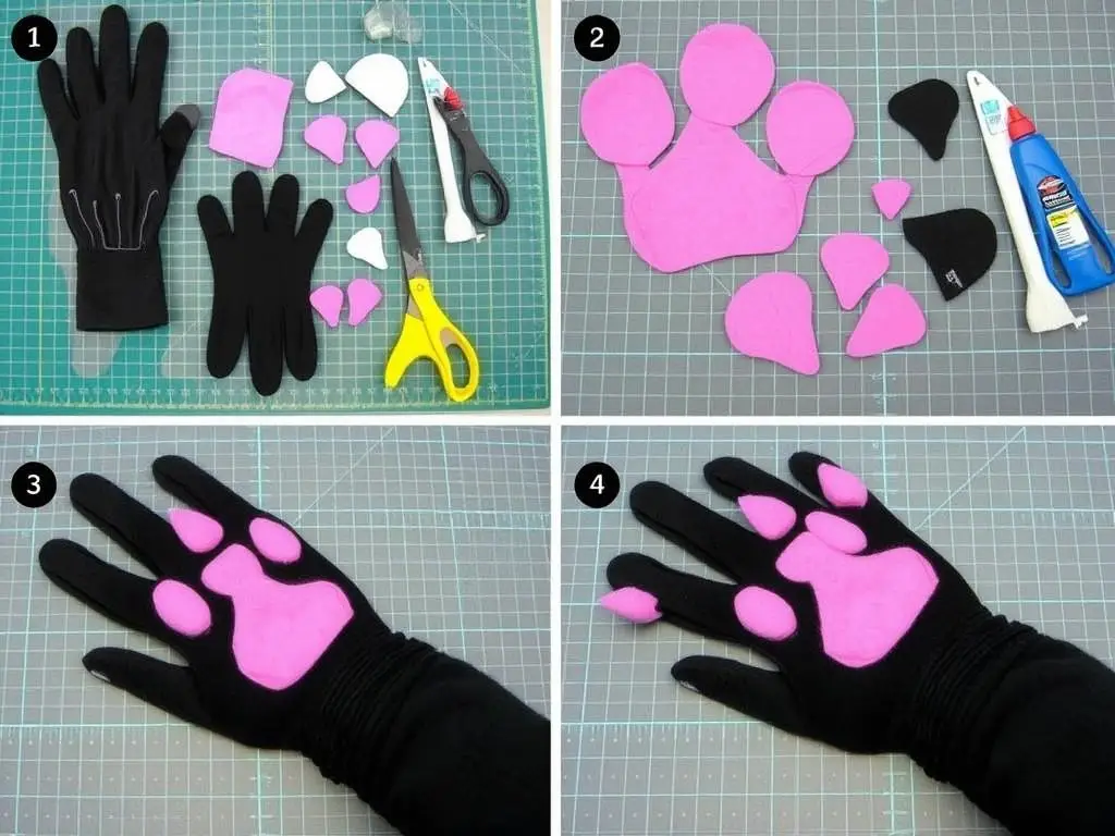 Proces tworzenia łap kota z rękawiczek i filcu