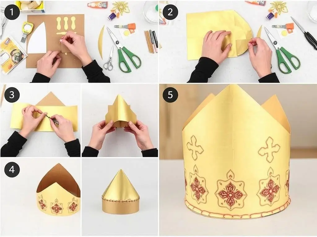 Proces tworzenia mitry biskupiej z kartonu i złotego papieru