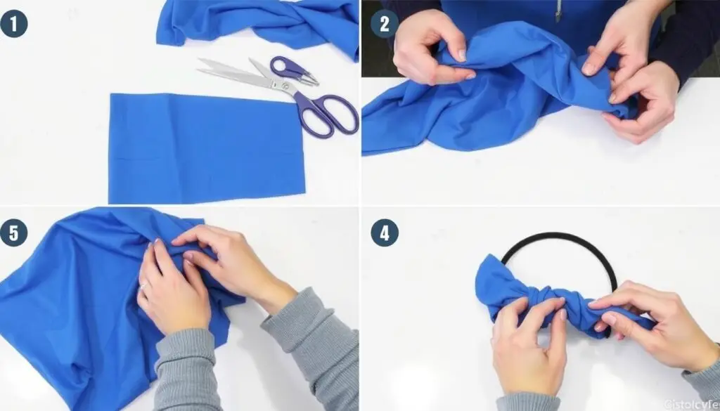 Proces tworzenia welonu do stroju świętej z niebieskiego materiału