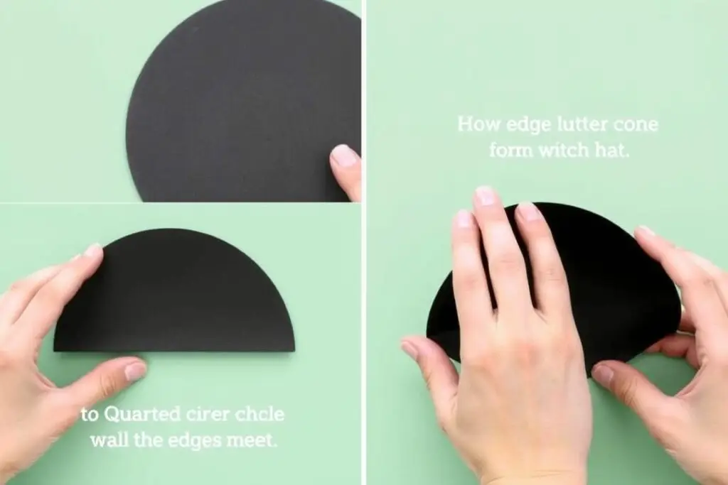 Proces zwijania stożka z ćwiartki koła na kapelusz czarownicy