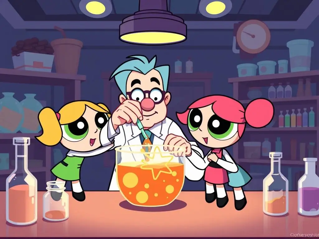 Profesor Atomus w laboratorium tworzący Atomówki, dodający składniki do mieszaniny