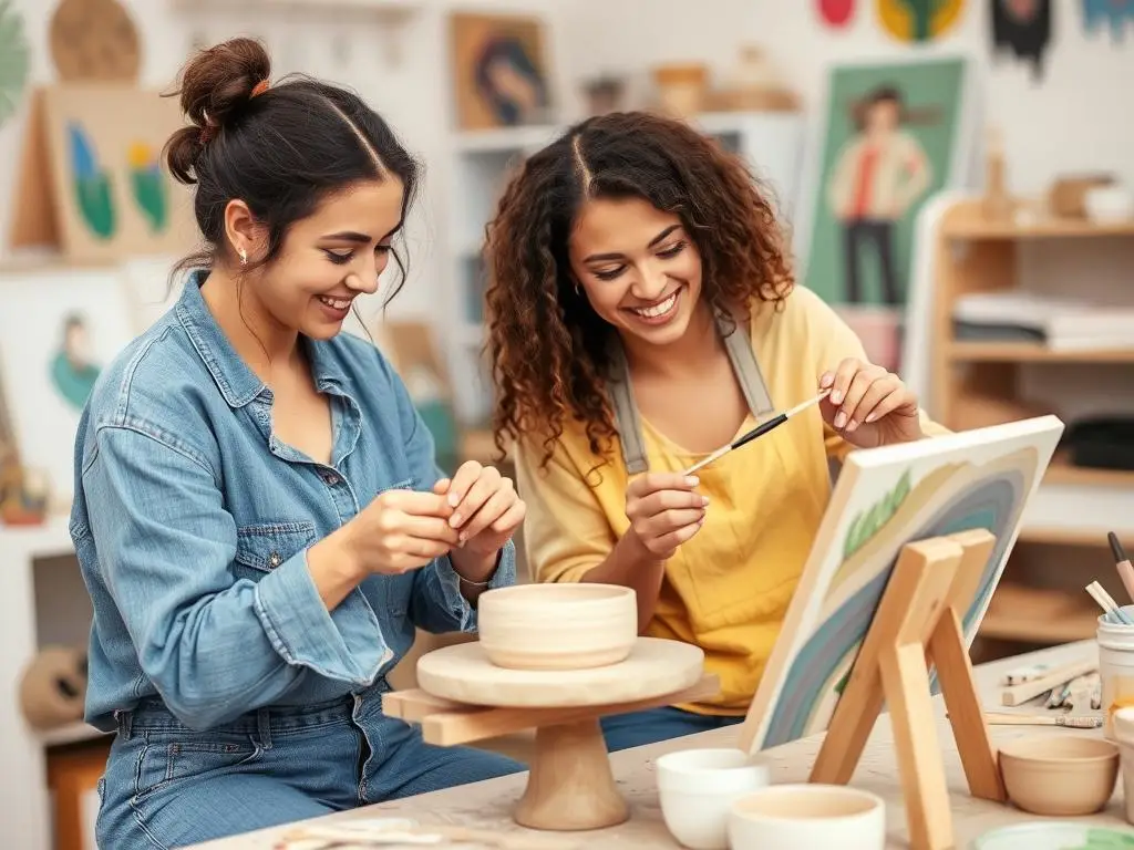 Przyjaciele uczestniczący w kreatywnych warsztatach w dzień najlepszego przyjaciela