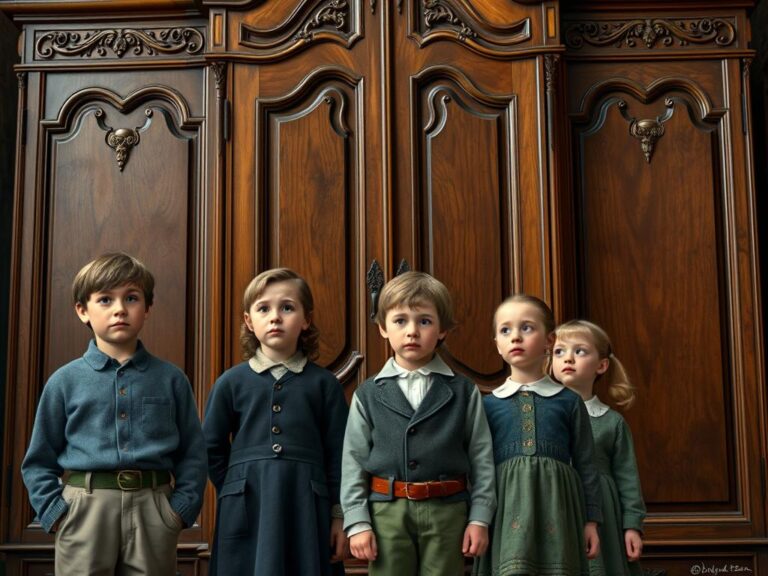 Rodzeństwo Pevensie - główni bohaterowie opowieści z narnii stojący przed magiczną szafą