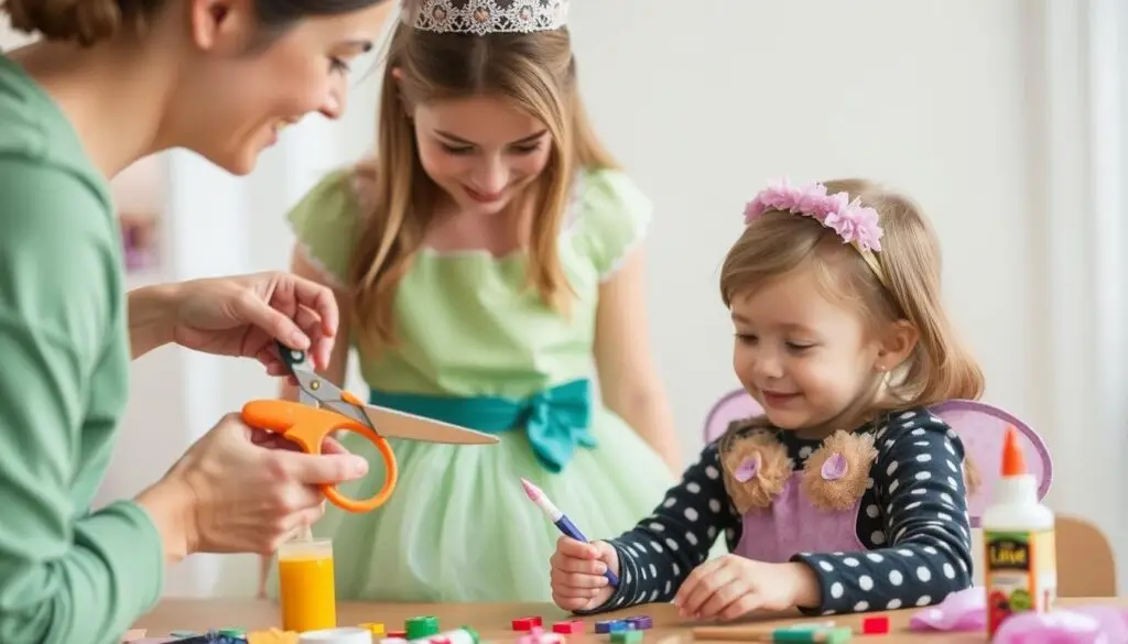 Rodzic pomagający dziecku bezpiecznie tworzyć elementy stroju z bajki