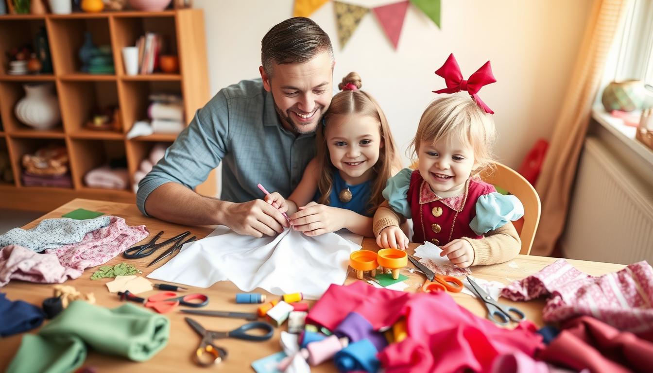 Rodzic z dzieckiem tworzący strój postaci z bajki przy stole z materiałami kreatywnymi