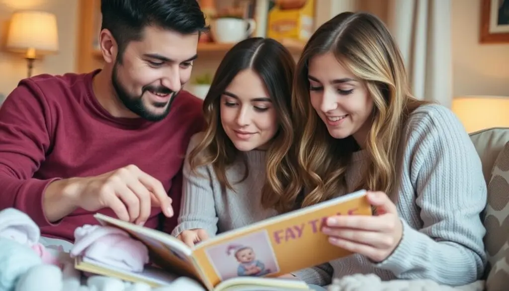 Rodzice przeglądający księgę imion, rozważający wybór baśniowego imienia żeńskiego