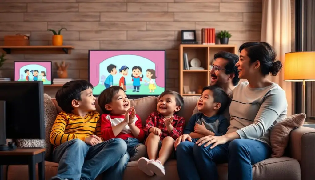 Rodzina oglądająca starodawne bajki razem