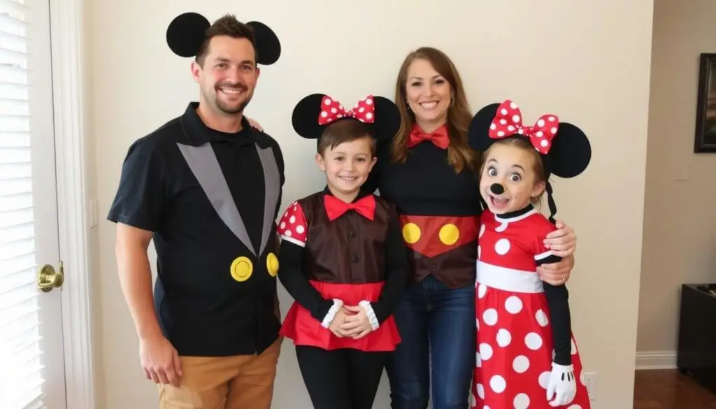 Rodzina w kompletnych strojach Myszki Miki i Minnie