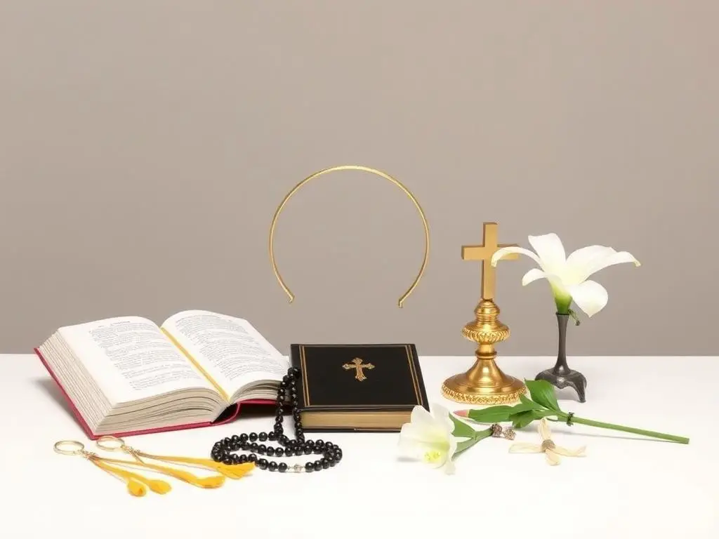 Różne atrybuty świętych: aureola, różaniec, książka, lilia