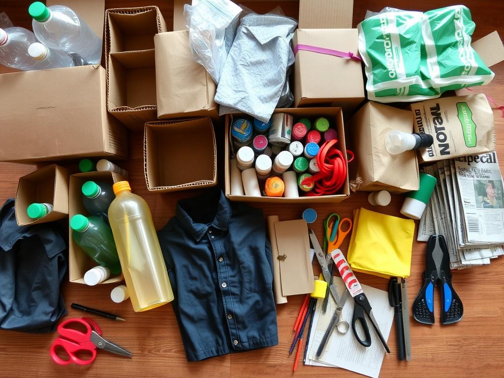 Różne materiały z recyklingu do tworzenia stroju ekologicznego dla chłopca