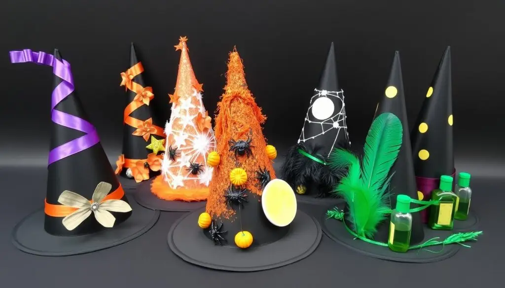 Różne ozdobione kapelusze czarownicy pokazujące kreatywne pomysły dekoracji
