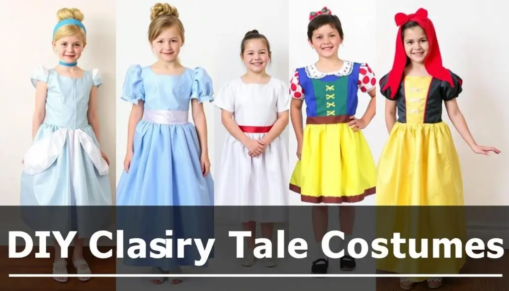 Różne stroje postaci z klasycznych bajek - Kopciuszek, Jaś i Małgosia, Królewna Śnieżka