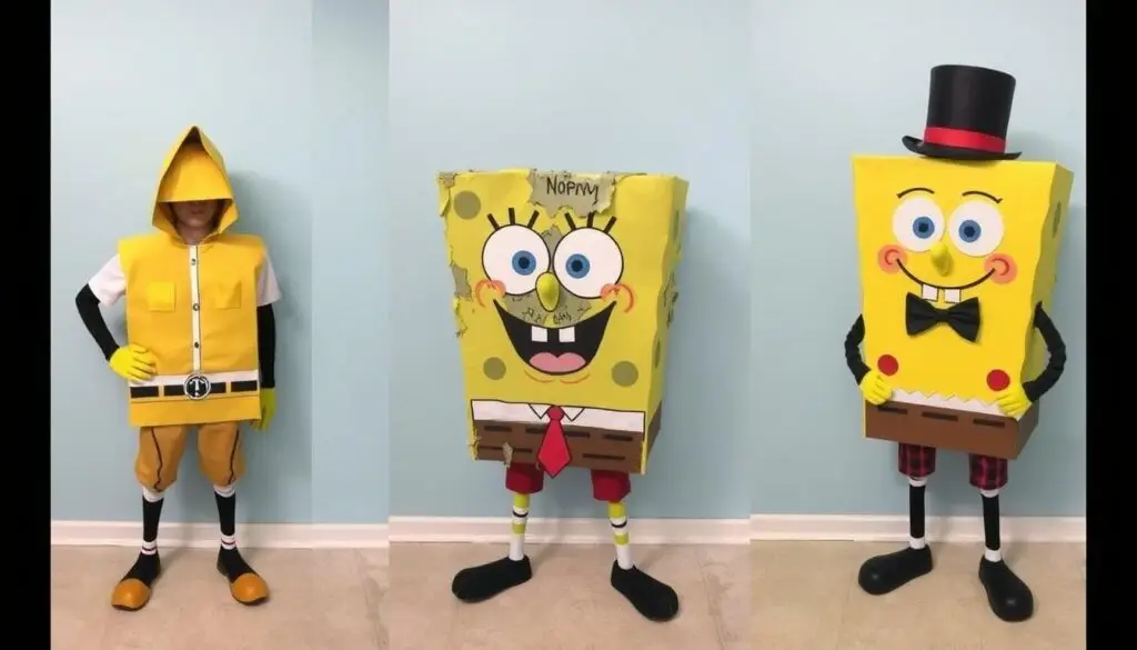 Różne warianty stroju SpongeBoba - klasyczny, zombie, elegancki