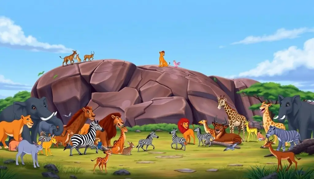 Różne zwierzęta z filmu Król Lew zgromadzone pod Lwią Skałą