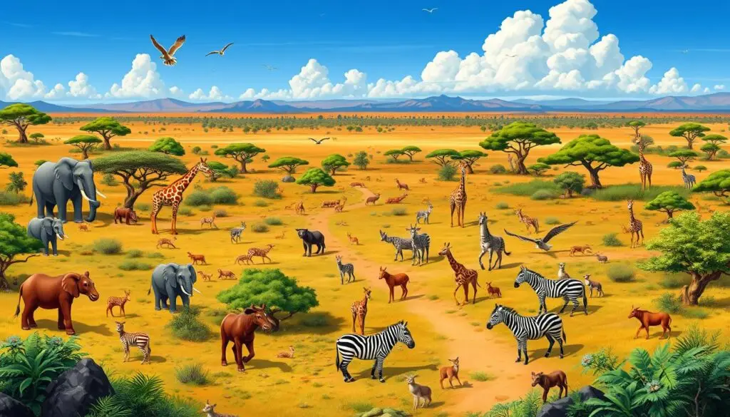 Różnorodne zwierzęta sawanny z filmu Król Lew